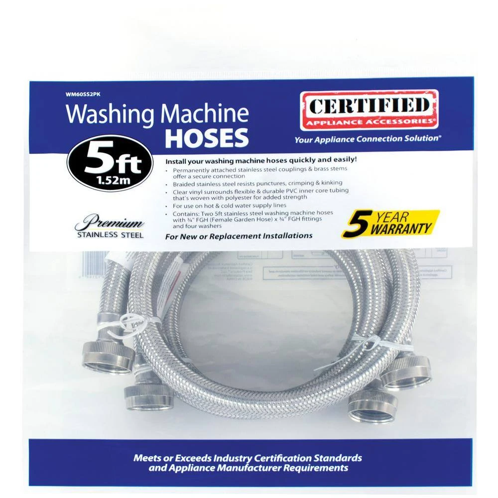 5 ft. Braided Stainless Steel Washing Machine Hoses (40-Pack) CERTIFIED APPLIANCE ACCESSORIES 5 ft. Braided Stainless Steel Washing Machine Hoses (40-Pack) -Appliance Parts Pros Shop certified appliance accessories washing machine parts 843631129784 fa 1000