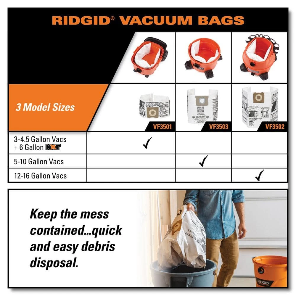 High-Efficiency Size C Dust Collection Bags for 3 to 4.5 Gallon and HD06001 RIDGID Wet/Dry Shop Vacuums (2-Pack) High-Efficiency Size C Dust Collection Bags for 3 to 4.5 Gallon and HD06001 RIDGID Wet/Dry Shop Vacuums (2-Pack) -Appliance Parts Pros Shop ridgid shop vacuum attachments vf3501 1d 1000
