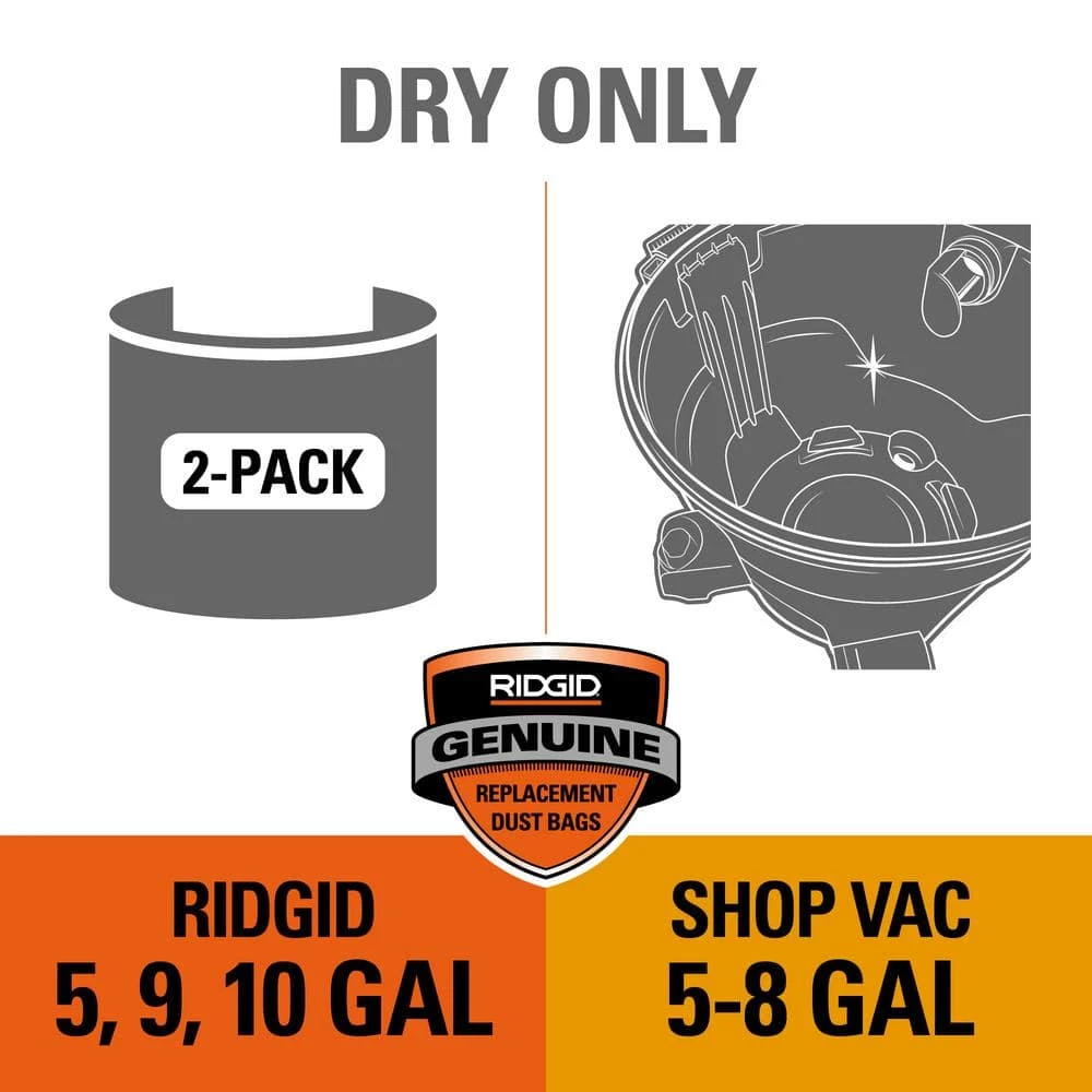 High-Eff. Size B Dust Collection Bags for 5-8 Gal. Shop-Vac Branded Vacs, 5-10 Gal. RIDGID Vacs, except HD0600 (2-Pack) High-Eff. Size B Dust Collection Bags for 5-8 Gal. Shop-Vac Branded Vacs, 5-10 Gal. RIDGID Vacs, except HD0600 (2-Pack) -Appliance Parts Pros Shop ridgid shop vacuum attachments vf3503 31 1000