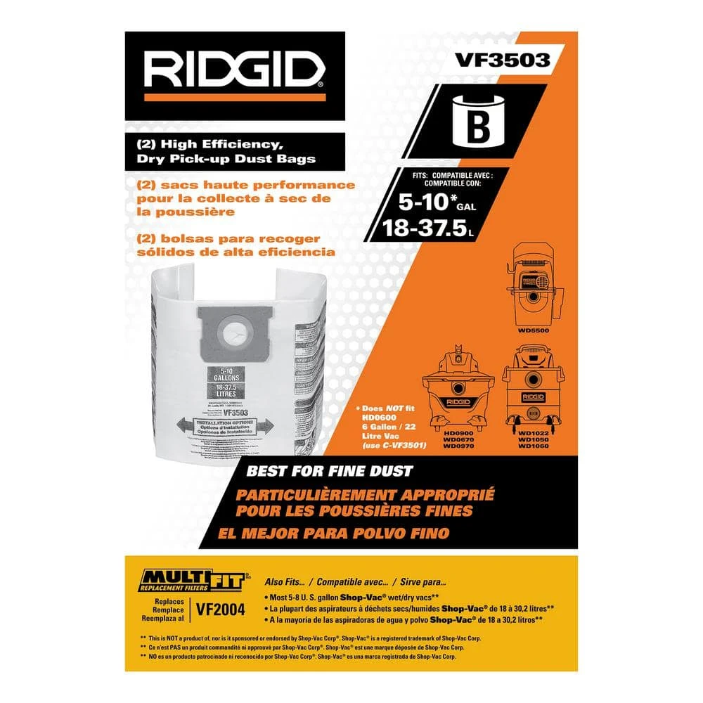 High-Eff. Size B Dust Collection Bags for 5-8 Gal. Shop-Vac Branded Vacs, 5-10 Gal. RIDGID Vacs, except HD0600 (2-Pack) High-Eff. Size B Dust Collection Bags for 5-8 Gal. Shop-Vac Branded Vacs, 5-10 Gal. RIDGID Vacs, except HD0600 (2-Pack) -Appliance Parts Pros Shop ridgid shop vacuum attachments vf3503 40 1000