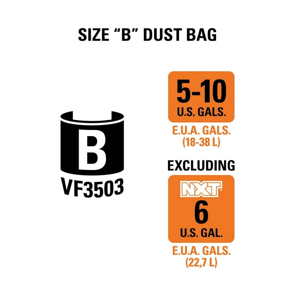 High-Eff. Size B Dust Collection Bags for 5-8 Gal. Shop-Vac Branded Vacs, 5-10 Gal. RIDGID Vacs, except HD0600 (2-Pack) High-Eff. Size B Dust Collection Bags for 5-8 Gal. Shop-Vac Branded Vacs, 5-10 Gal. RIDGID Vacs, except HD0600 (2-Pack) -Appliance Parts Pros Shop ridgid shop vacuum attachments vf3503 e1 1000