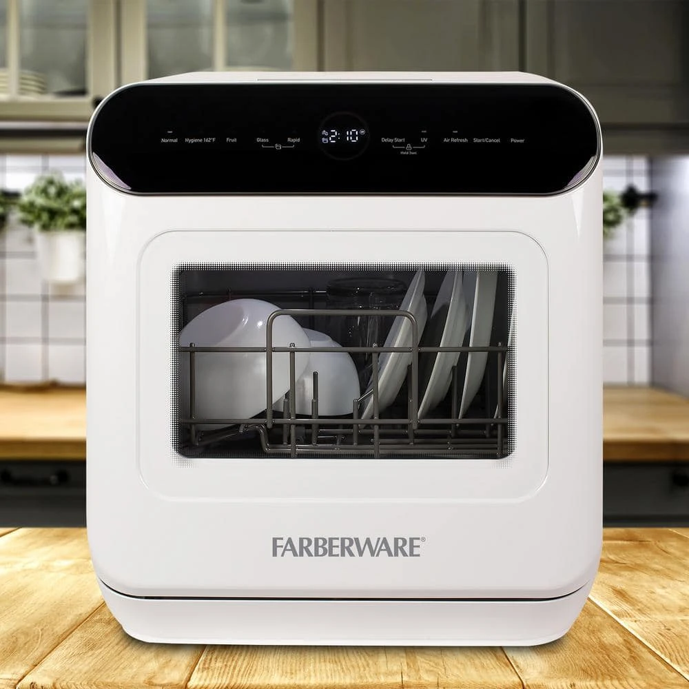 Complete 18 in. White Portable Countertop Dishwasher with UV Light, 5 Wash Programs, Glass Door Farberware Complete 18 in. White Portable Countertop Dishwasher with UV Light, 5 Wash Programs, Glass Door -Appliance Parts Pros Shop white farberware countertop dishwashers fcdmgdwh 4f 1000